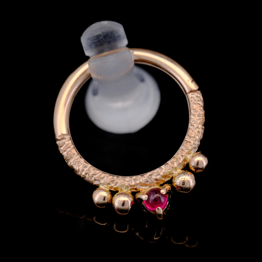 Rose Gold Textured Seam Ring with Beads and Prong Set Ruby - 16ga