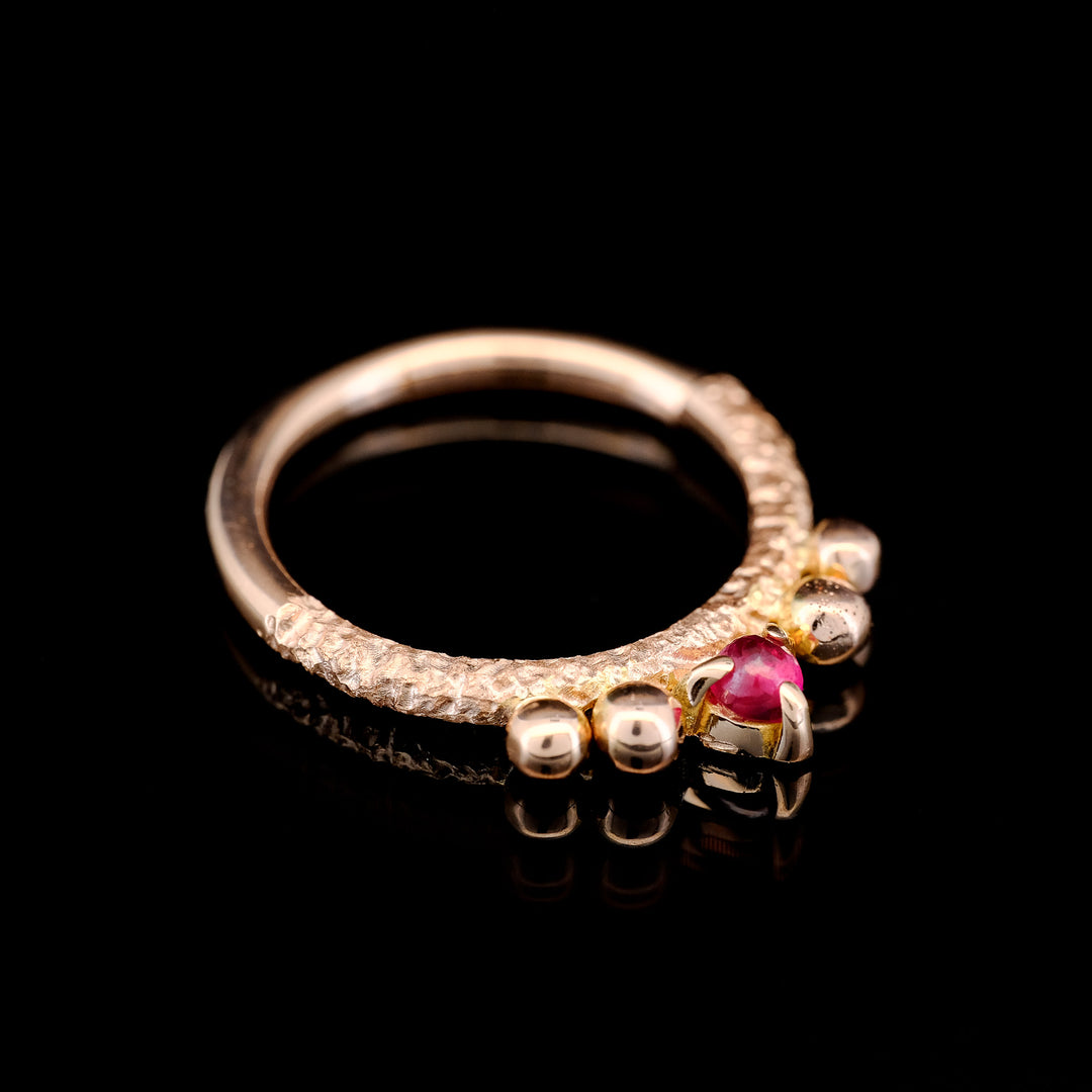 Rose Gold Textured Seam Ring with Beads and Prong Set Ruby - 16ga