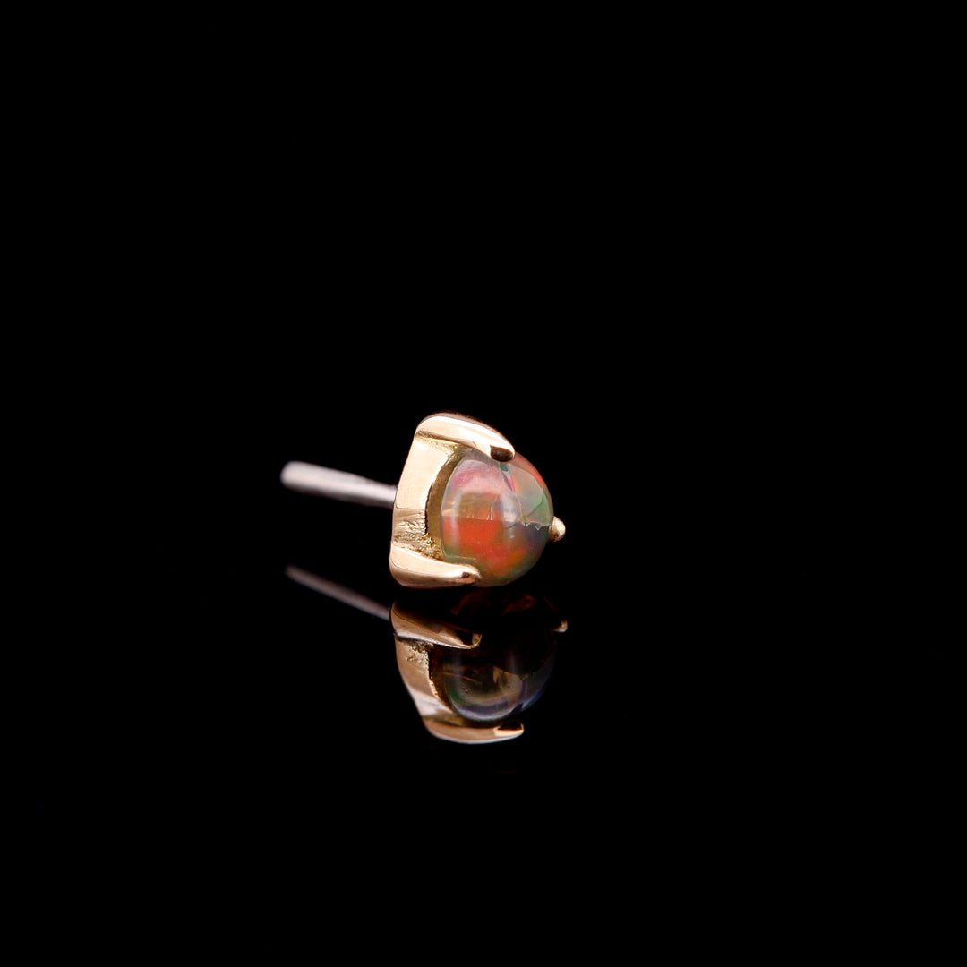3mm Dark Opal prong set in 14kt Yellow Gold Threadless end