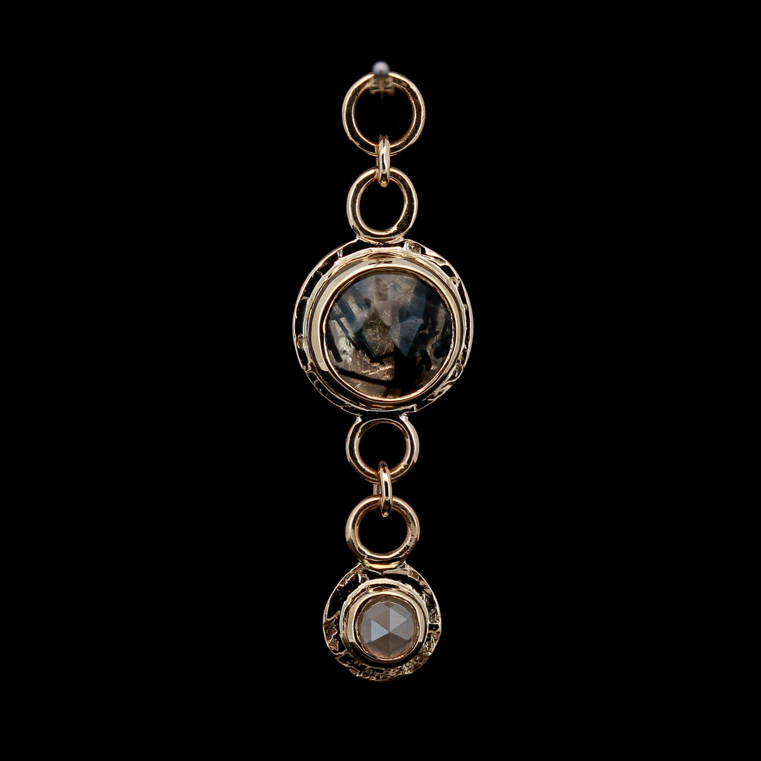 "Double Down" Charm - Tourmalinated Quartz & Grey Diamond in Yellow Gold