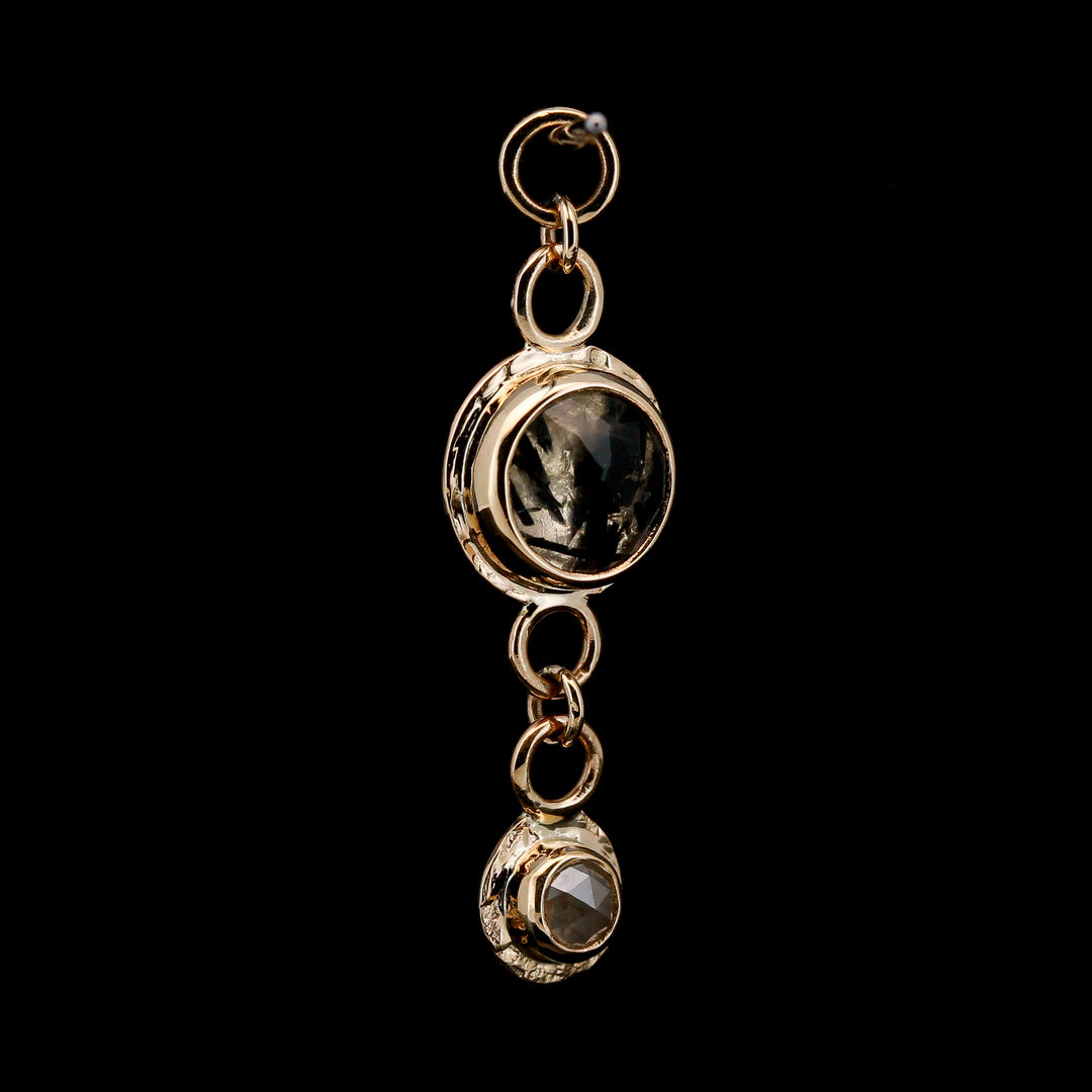 "Double Down" Charm - Tourmalinated Quartz & Grey Diamond in Yellow Gold
