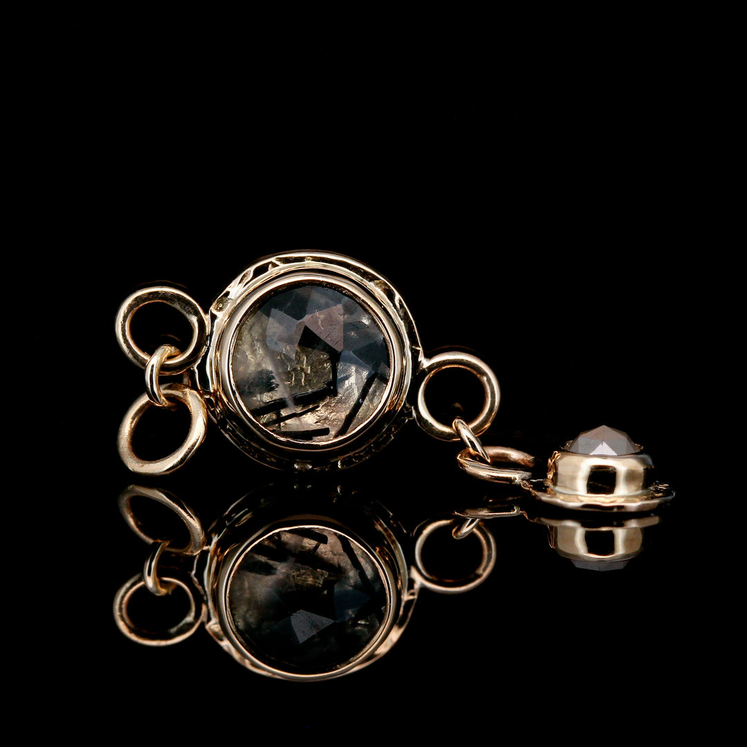 "Double Down" Charm - Tourmalinated Quartz & Grey Diamond in Yellow Gold