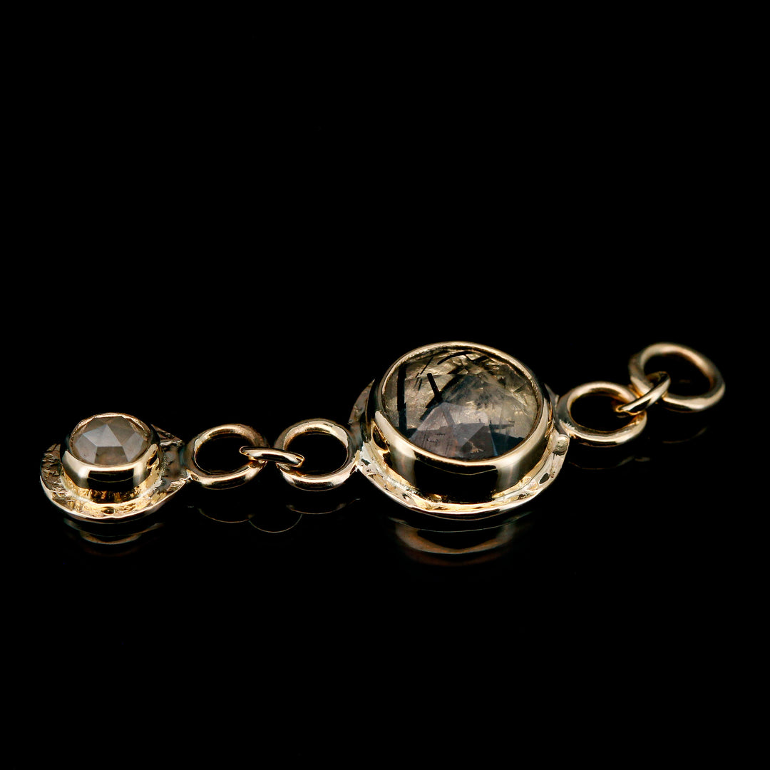 "Double Down" Charm - Tourmalinated Quartz & Grey Diamond in Yellow Gold